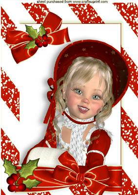 Lovely Girl in Red Bonnet with Holly and Bow A4