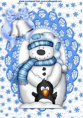 Cute Snowman and Penguin with Blue Bells A4