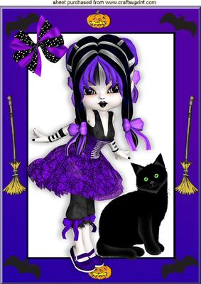 Pretty Gothic Girl with Black Cat in a Frame A4