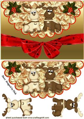 Cute Reindeers with Holly, on a Scalloped Envelope