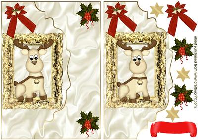 Cute Reindeer in Frame with Bow and Holly