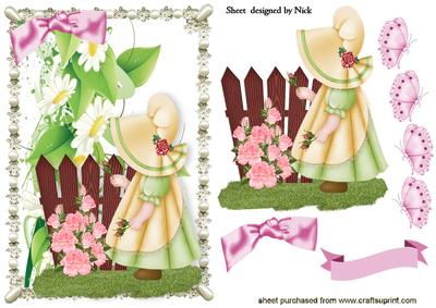Little Bonnet Girl with Spring Daisies and Butterflies