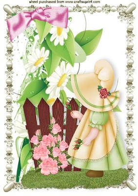 Little Bonnet Girl with Spring Daisies and Butterflies A4