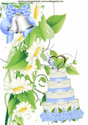 Spring Daisies with Blue Wedding Cake and Bells A4