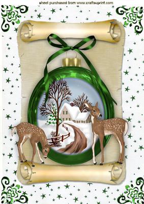 Beautiful Christmas Scene in Green Bauble A4