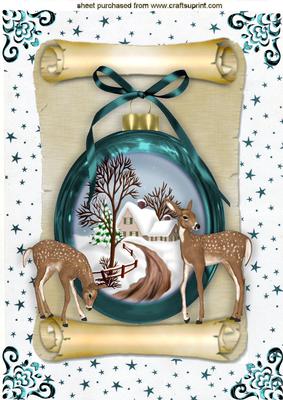 Christmas Snow Scene in a Turq Bauble A4