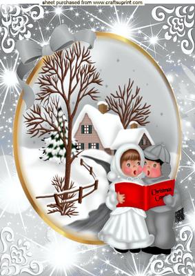 Beautiful Snow Scene, with Carol Singers in Silver A4