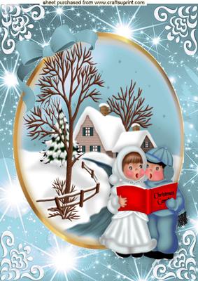 Beautiful Snow Scene with Carol Singers in Turq A4