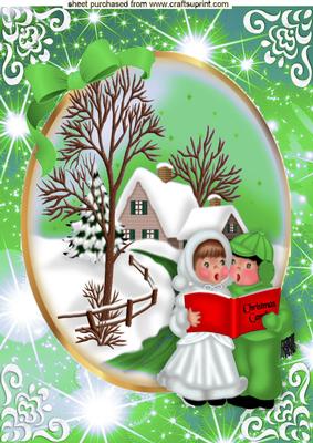 Beautiful Christmas Scene with Carol Singers in Green A4