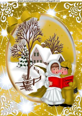 Beautiful Christmas Scene with Carol Singers in Gold A4