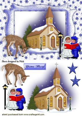 Church with Carol Singers, and Deer