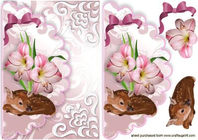 Pink Flowers with Baby Fawn, on a Scalloped Envelope