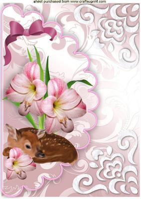 Pink Flowers with Baby Fawn on Scalloped Envelope A4