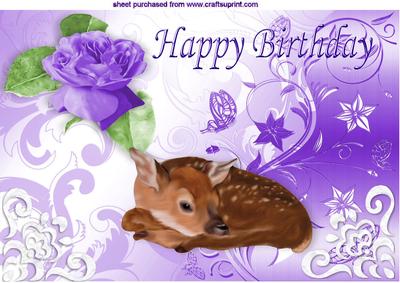 Purple Rose with Baby Fawn, on Scroll Background A4