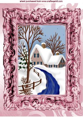 Beautiful Snow Scene in Pink Baroque Frame A4