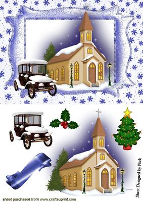 Christmas Scene of Church with Vintage Car