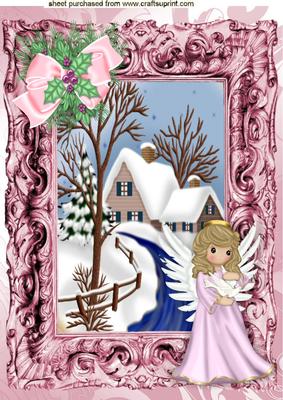 Sweet Angel with Snow Scene in Pink Frame A4