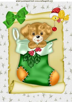 Puppy in Stocking with Green Bow and Little Bird A4