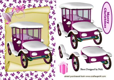 Pink Vintage Car in Snow on a Scroll