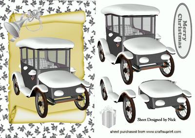 Silver Vintage Car in Snow on a Scroll