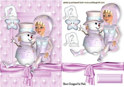 Little Snow Girl in Pink with Snowman in Star Frame