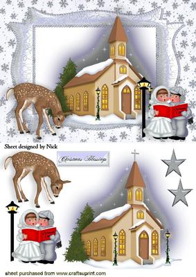 Pretty Church with Carol Singers in Silver Frame