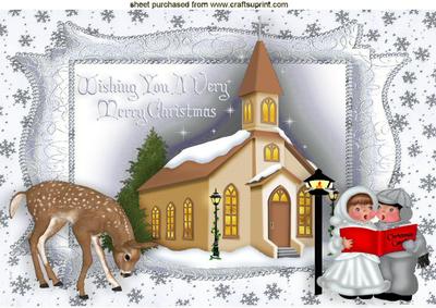 Pretty Church with Carol Singers in Silver Frame A4