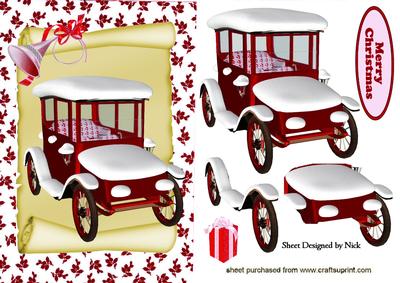 Red Vintage Car with Snow on a Scroll