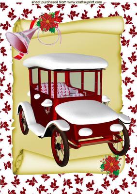 Red Vintage Car with Snow on a Scroll A4