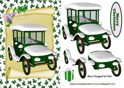 Green Car with Snow on a Scroll