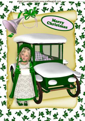 Vintage Girl Dressed in Green with Vintage Car on a Scroll