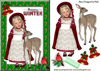 Happy Winter, with Cute Little Girl & Deer