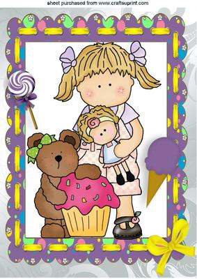 Birthday Girl with Her Teddy and Cupcake A4