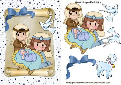 Mary and Joseph with Crib on a Scroll