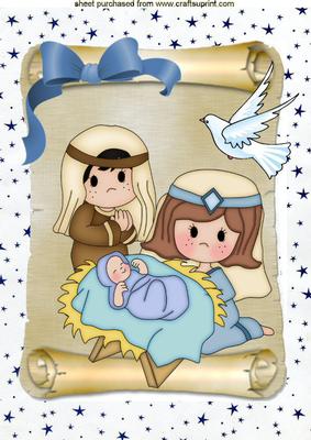 Mary and Joseph with Crib on a Scroll A4