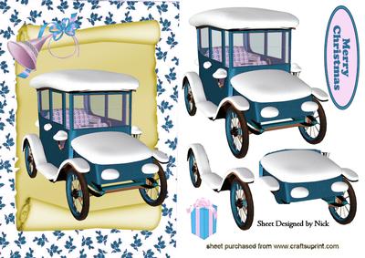 Vintage Car with Snow on a Scroll in Turq