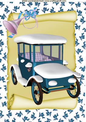 Vintage Car with Snow on a Scroll in Turq A4