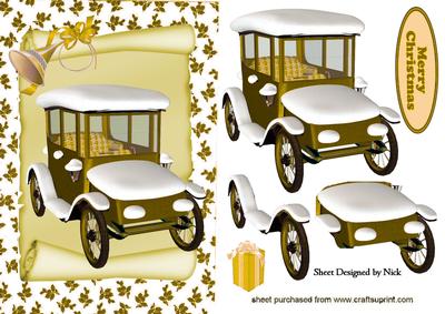 Vintage Car with Snow on a Scroll in Gold