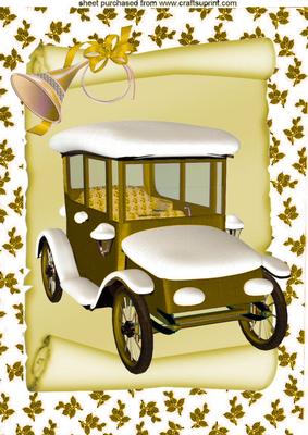 Vintage Car with Snow on a Scroll in Gold A4