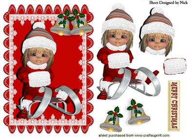 Little Girl in Red on a Sledge in Lace Scalloped Frame