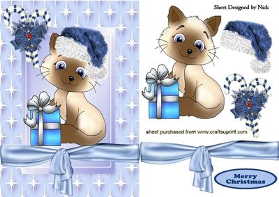 Cute Kitty with Candycane , and Blue Santa Hat On