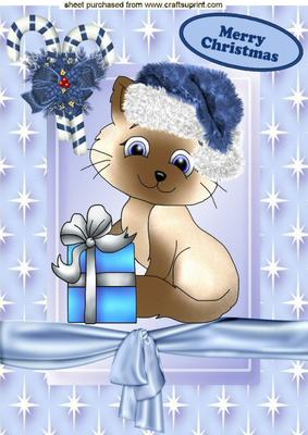 Cute Kitty with Blue Santa Hat On, with Candycane A4