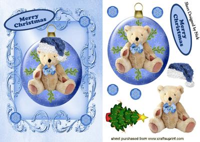 Christmas Teddy with Blue Santa Hat in a Bauble