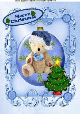 Christmas Teddy in Blue Santa Hat in Blue Bauble A4