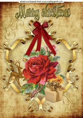 Vintage Red Rose with Deer, in Ornate Frame A4