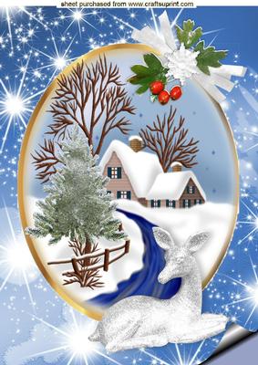 Christmas Snow Scene with Deer and Fir Tree A4