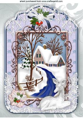 Christmas Snow Scene in Lace Frame with Deer A4