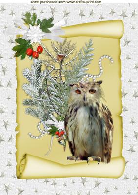 Snow Owl on a Scroll with Red Berries and White Bow A4