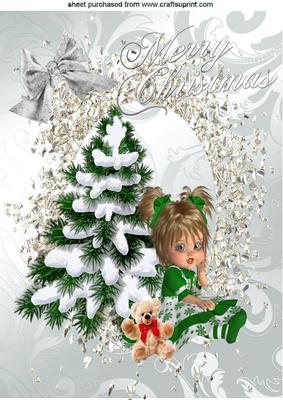 Sweet Little Girl with Her Teddy and Christmas Tree A4