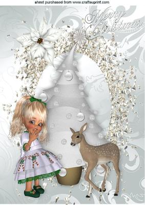Sweet Little Girl with Little Deer and White Christmas Tree